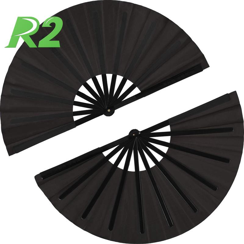 Set 2 Quạt Xếp Cầm Tay Bằng Vải Nylon Màu Đen Phong Cách Kung Fu Thái Cực Quyền Trung Hoa