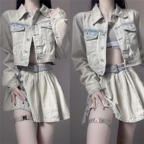 Jiashucheng Bộ Áo Khoác Denim Ngắn Phối Chân Váy Xếp Ly Màu Trắng Phong Cách Retro Mới Cho Nữ