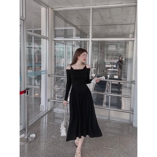 Đầm midi đen 2s rớt vai td🖤
