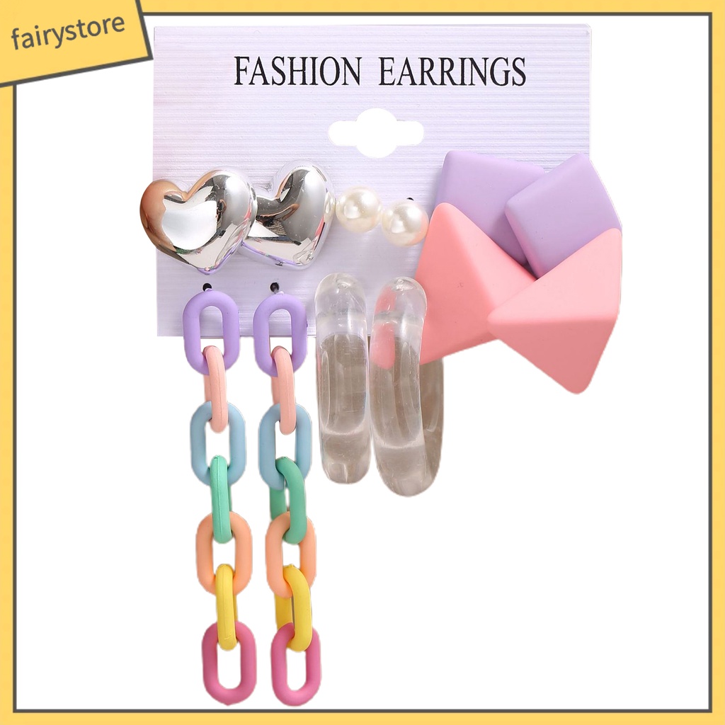 Set 1 / 4 / 6 Đôi Khuyên Tai Hình Học Trái Tim Màu Sắc Ngọt Ngào Bằng Acrylic