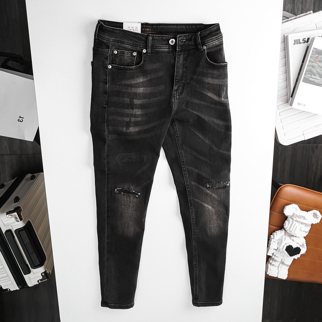 Quần Jean Nam ZARA Màu ĐEN WASH rách gối 2023 Form SlimFit Mềm Mịn Co Giãn Hàng Xuất Xịn Có Big Size