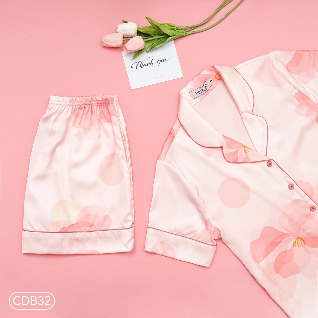 Bộ ngủ satin ZAM Luxury- Ngắn tay quần đùi họa tiết HOA LOANG HỒNG