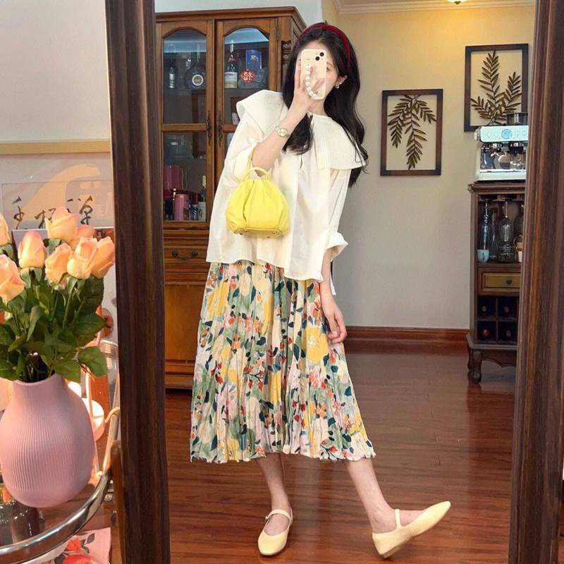 Set Áo Sơ Mi Cổ Bẻ + Chân Váy Hoa Lưng Cao Phong Cách Retro Pháp Mới