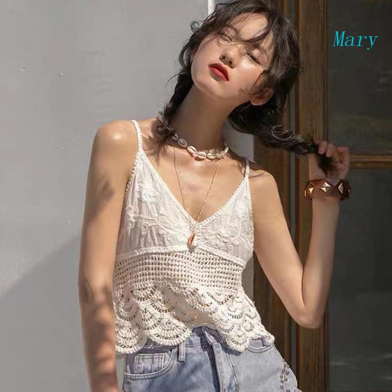 Áo Croptop Hai Dây Dệt Kim Viền Ren Kiểu Gợn Sóng Thời Trang Mùa Hè Cho Bạn Gái