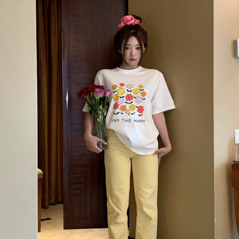 IELGY   Áo Thun Tay Ngắn In Hình Hoa Dễ Thương Dành Cho Nữ