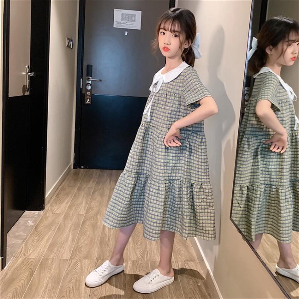 Đầm cotton tay ngắn eo cao họa tiết caro màu xanh lá phong cách Hàn Quốc thời trang cho bé gái 3-13 tuổi