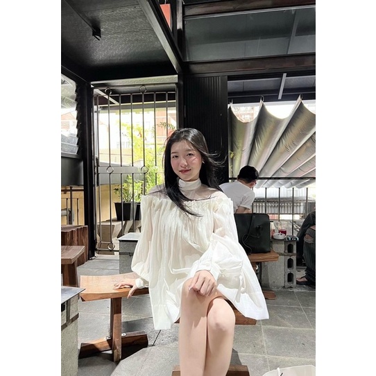 Váy - Đầm babydoll dài tay xếp ly ngực dáng xòe phối cổ voan
