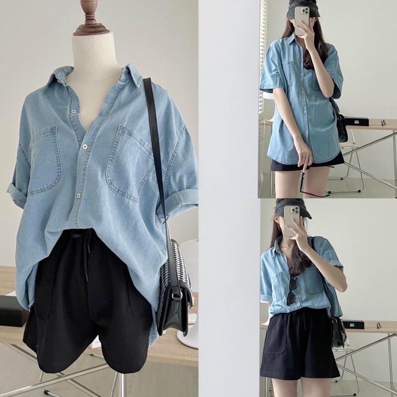 Áo Sơ Mi Bò Denim 2 Túi Vạt Rộng Size S M-Halinh Shop-Áo Sơ Mi Bò Ngắn tay Hàn Quốc