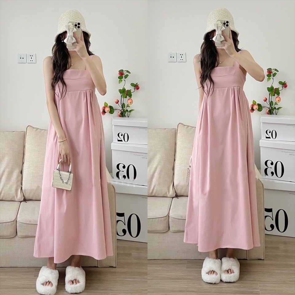 VÁY ĐẦM 2 DÂY BẢN TO XOÈ DÁNG DÀI XẾP LY NGỰC ĐI CHƠI ĐI BIỂN SIÊU XINH