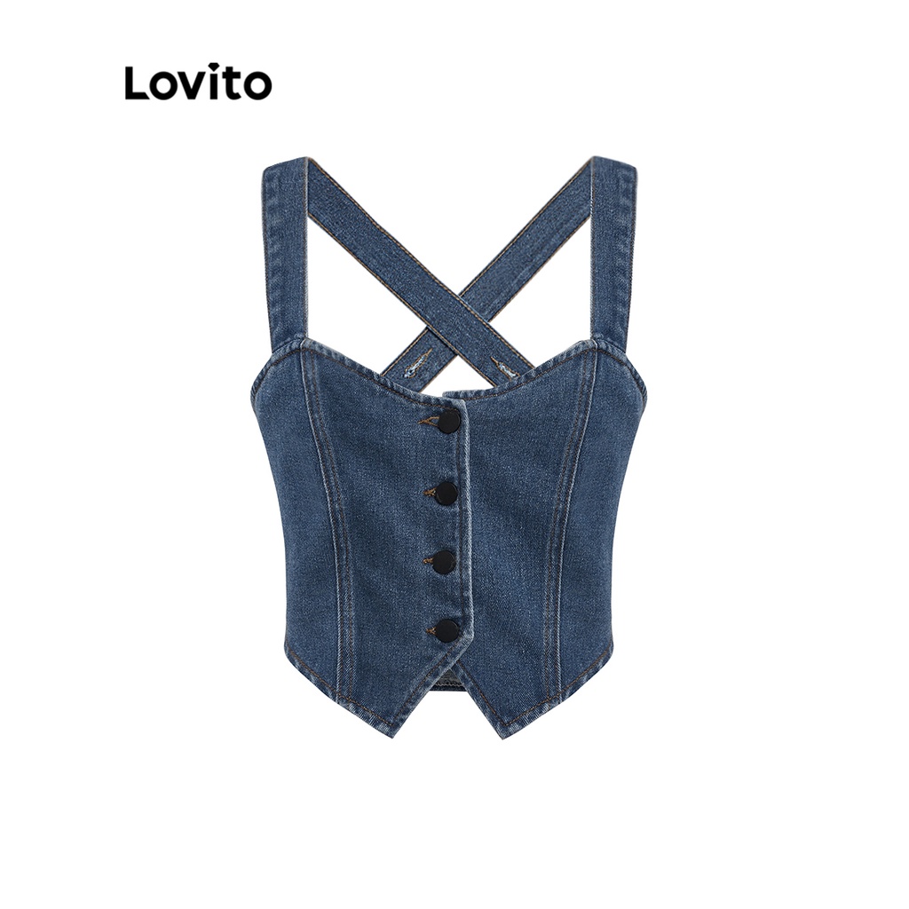 Lovito Thường Thường Thiết kế nút viền không đều Màu Camisole Phụ nữ Denim Vest Top L37AD070 (Xanh hải quân) | BigBuy360 - bigbuy360.vn