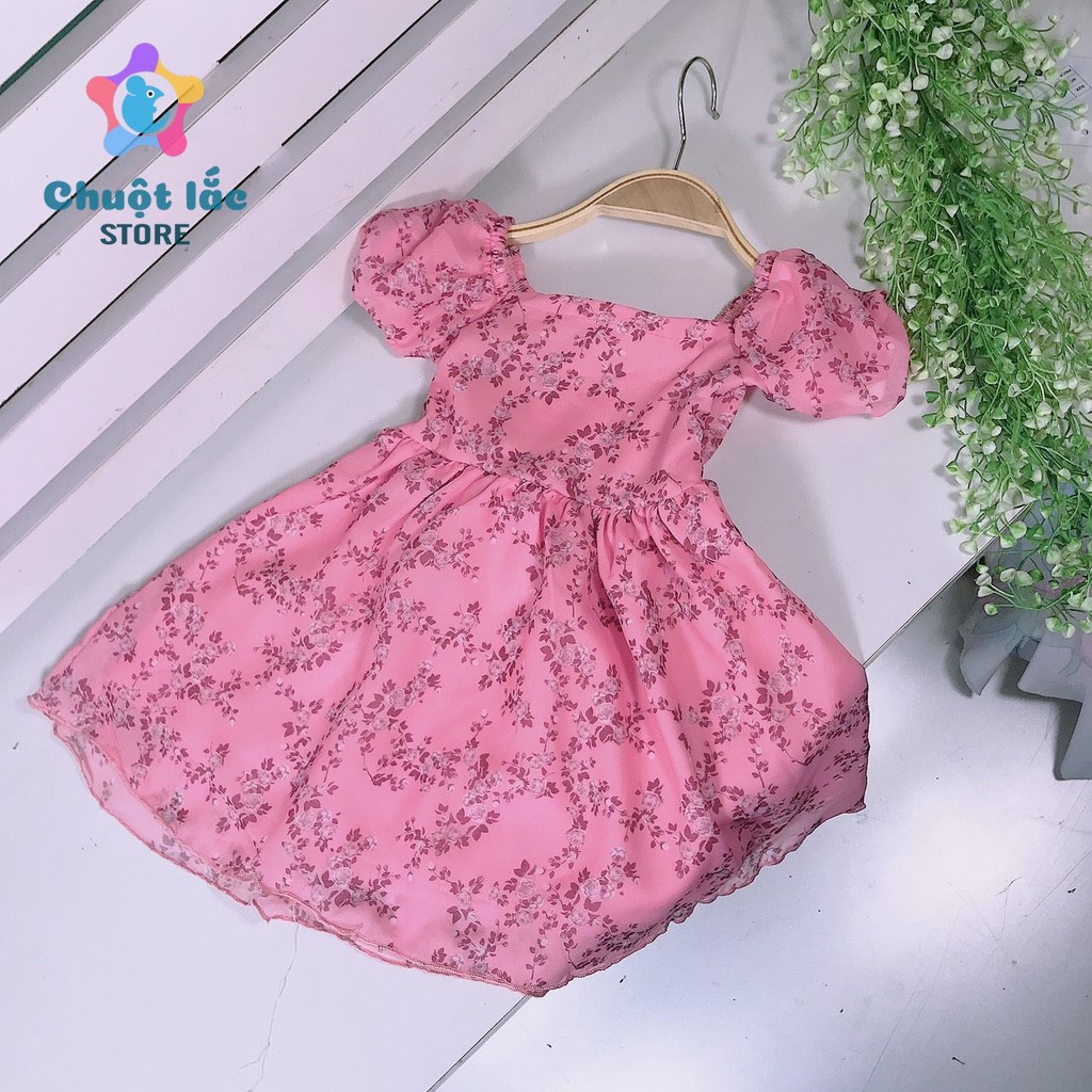 Váy bé gái voan lụa hoa nhí tay phồng nơ sau 10kg đến 22kg