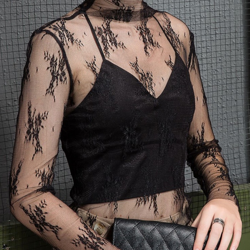 Áo Thun Dài Tay Phối Ren Hoa Xuyên Thấu Thời Trang Đường Phố Cho Nữ