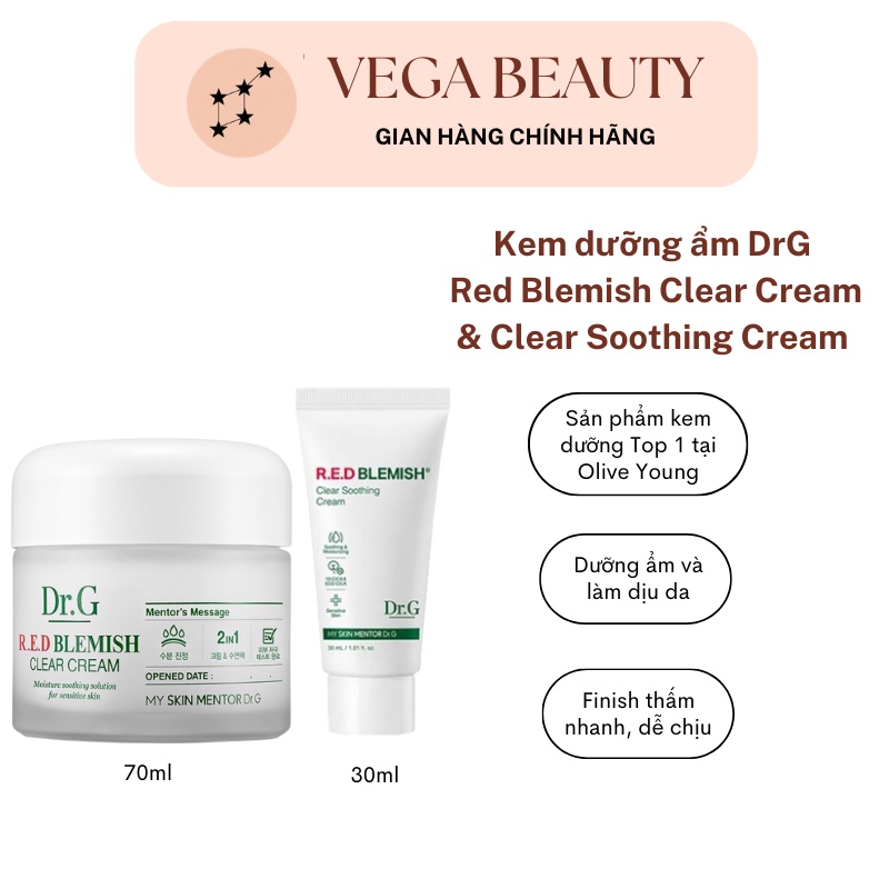 Kem dưỡng ẩm Dr.G Red Blemish Clear Cream & Clear Soothing Cream 70ml và 30ml giúp làm dịu, phục hồi, và giảm đỏ