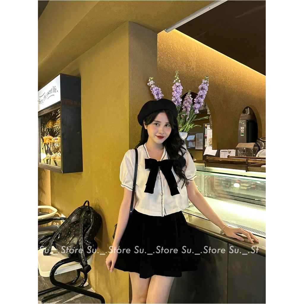 Set áo sơ mi tay bồng pha viền kèm chân váy và nơ settieuthukemno0204
