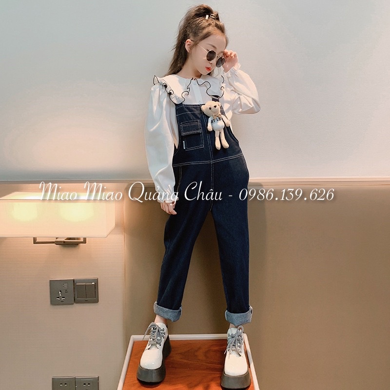 Set yếm bò + áo sơ mi bánh bèo cho bé gái size đại 5 đến 18 tuổi