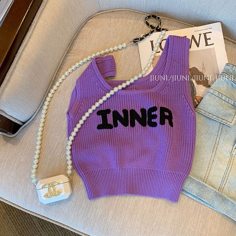 Áo Hai Dây Dệt Kim Ôm Dáng In Chữ Màu Tím Thời Trang Mùa Hè 2022 Mới Phong Cách Hàn Quốc Cho Nữ