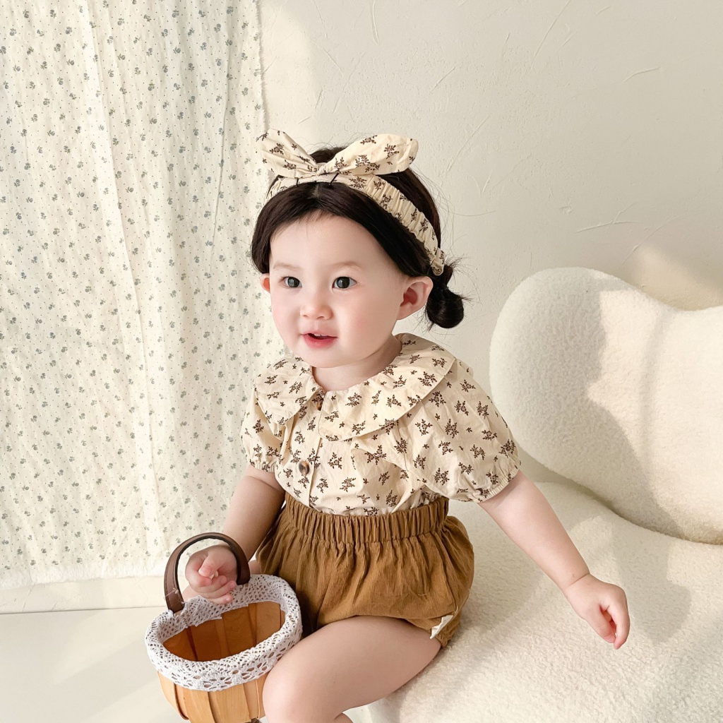 Set Đồ Mùa Hè 2023 Gồm Áo Sơ Mi Họa Tiết Hoa + Quần + Băng Cài Đầu Cho Bé 0-2 Tuổi 5N54