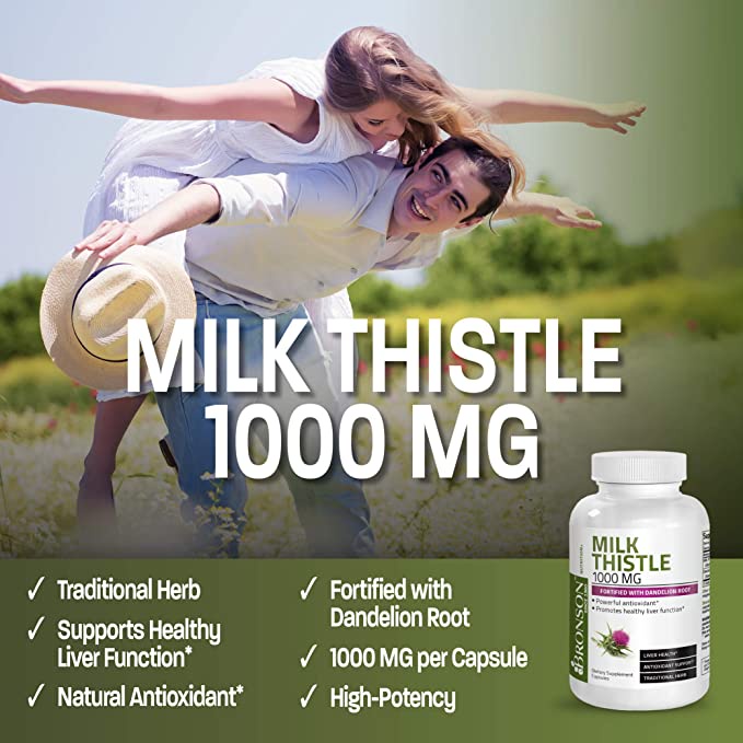Bronson Milk Thistle 1000mg Silymarin Marianum & Dandelion Root Bổ gan và thải độc gan, chống oxy hóa 120 viên