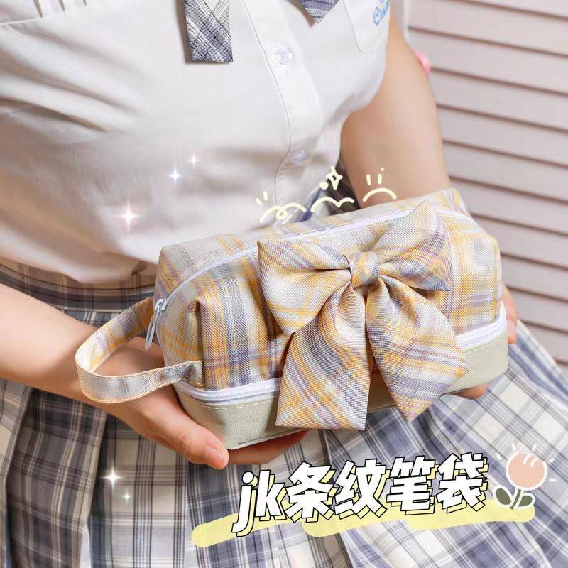 Jk Túi Đựng Bút Chì Nhiều Ngăn Sức Chứa Lớn In Họa Tiết Caro Trái Tim Phong Cách Nhật Bản Cho Nữ Sinh