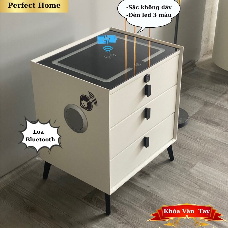 Tủ đầu giường 3 tầng , Táp đầu giường thông minh có sặc điện thoại , đèn led 3 khóa vân tay loa bluetooth