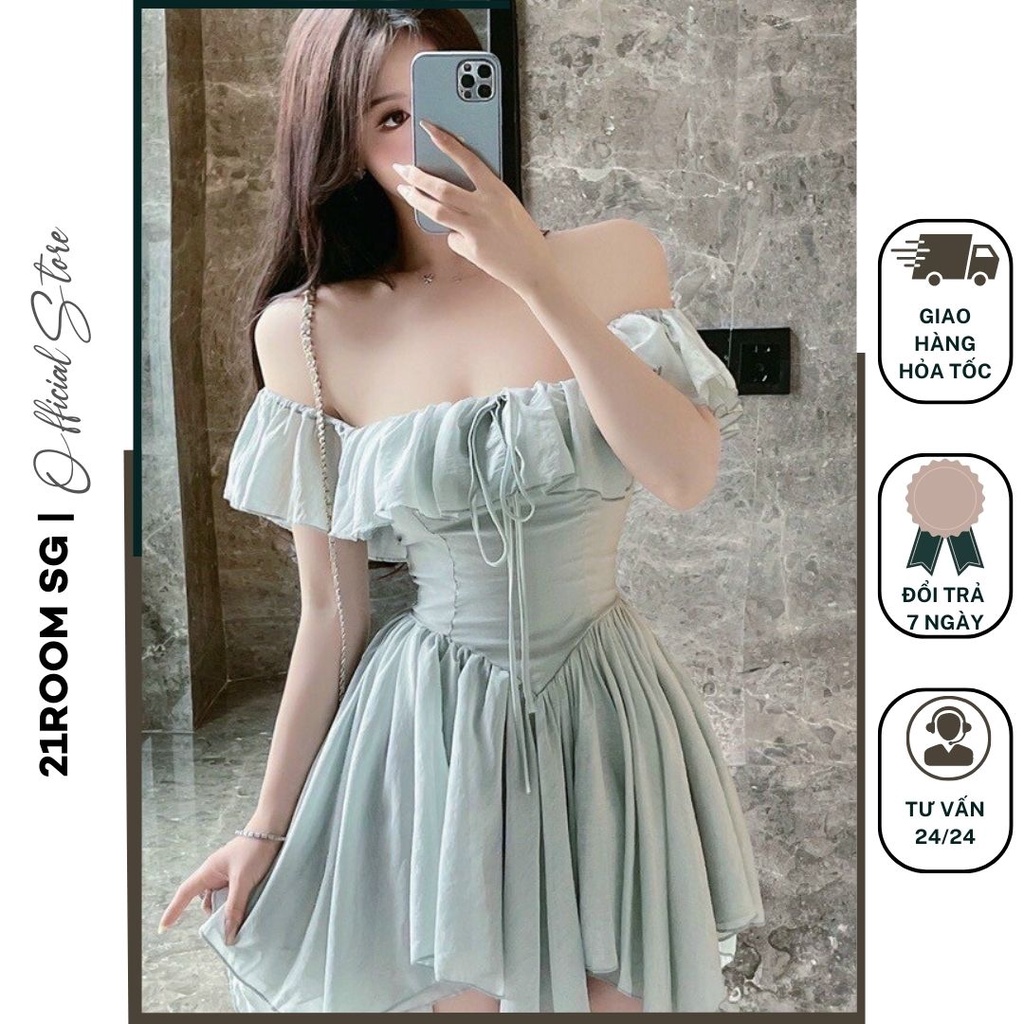 [Hình Thật] Đầm Nữ Mini Dáng Xòe Trễ Vai Phối Voan Tay Dài Cực Xinh, Đàm Dự Tiệc Đi Chơi Siêu Xinh