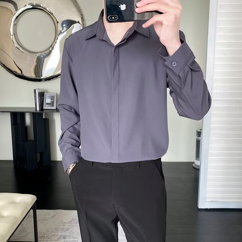 Áo Sơ Mi Vải Lụa Lạnh Mỏng Cao Cấp Dáng Rộng Tay Dài Màu Trơn Thời Trang Mùa Thu 2022 Phong Cách Hàn Quốc Cho Nam