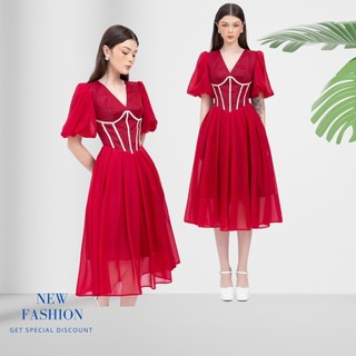 đầm dự tiệc đỏ tay phồng phối ren cao cấp ( thời trang bigsize vicky.g - anitagreen) N223