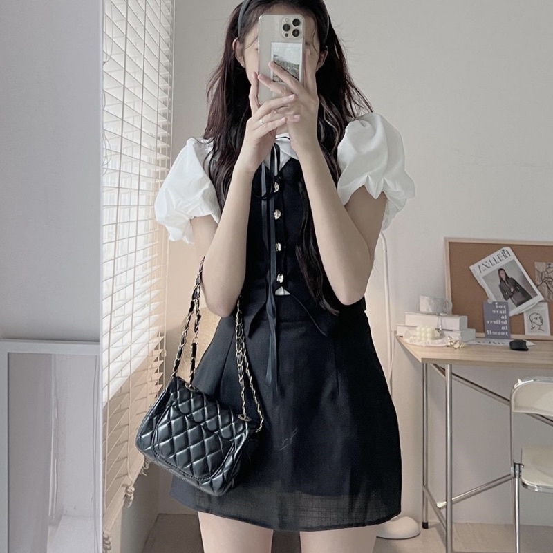 Set Váy 3 Món Gồm Áo Gile Mix Sơmi Trắng Kèm Chân Váy Dylei Có Ảnh Thật