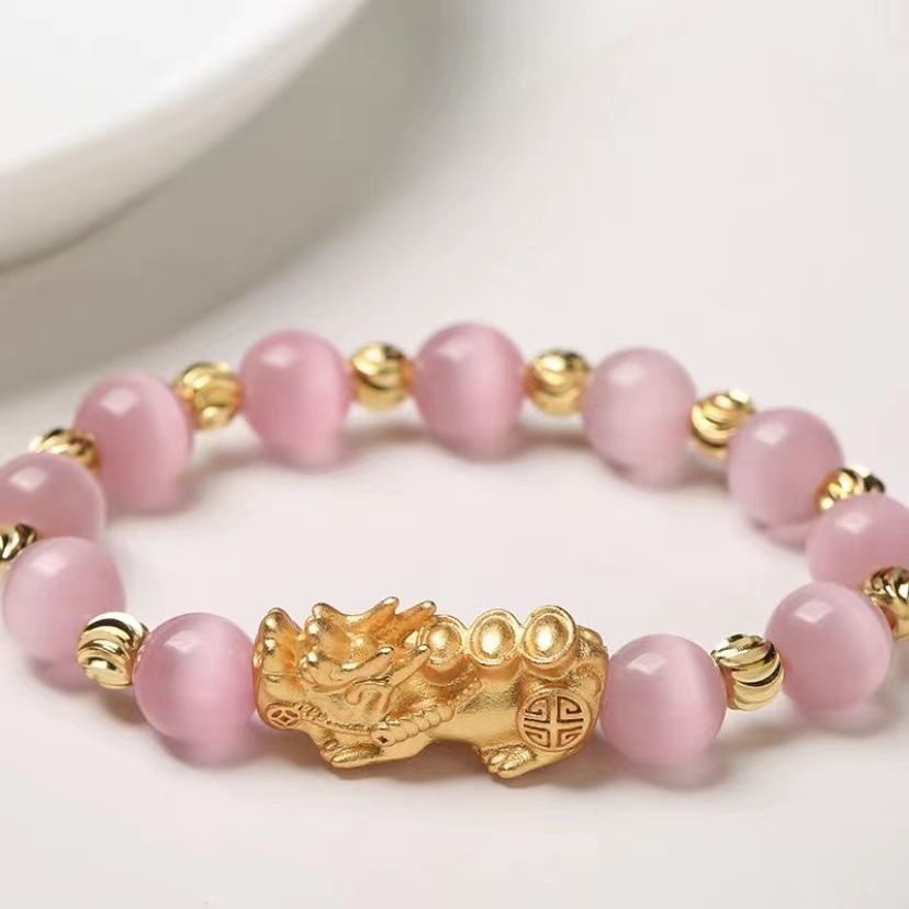 Vòng Đeo Tay Xi Mạ Vàng 999 Pixiu Đính Đá Mắt Mèo Không Phai Chất Lượng Cao