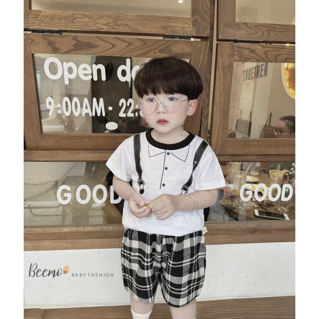 Bộ cộc tay công tử cho bé trai Beemo,Chất liệu áo cotton xược, quần kẻ thô mềm mại,hình in đai áo lịch lãm B267