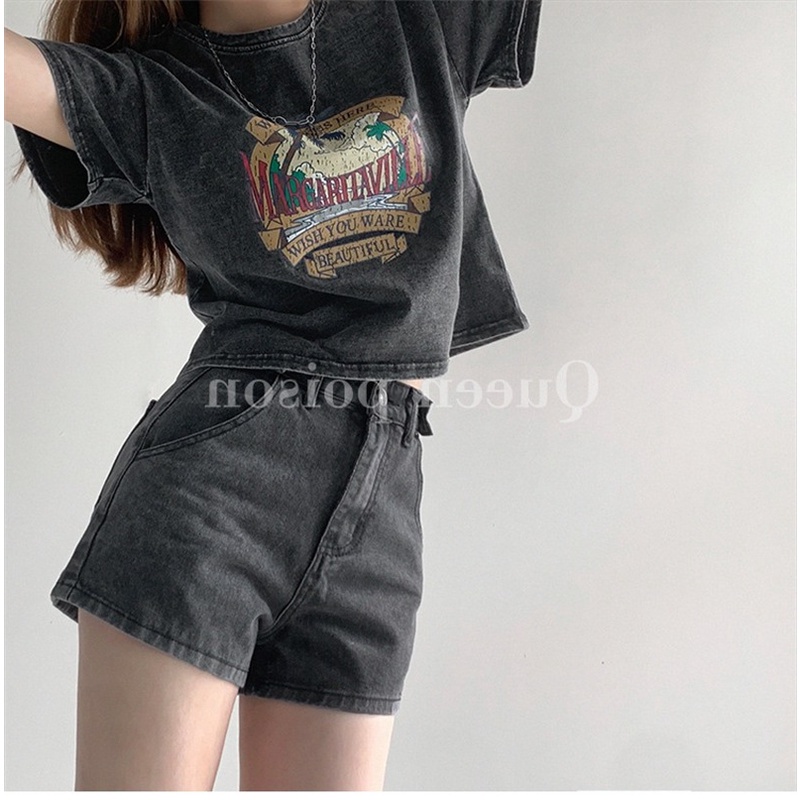 Áo thun cotton DIDIKA màu xám tay ngắn cổ tròn dáng rộng in họa tiết thời trang mùa hè cho nữ
