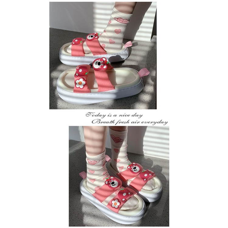 Dép Sandal Đế Mềm Dày Chống Trượt In Hình Gấu Dâu Tây Dễ Thương Thời Trang Mùa Hè Cho Nữ