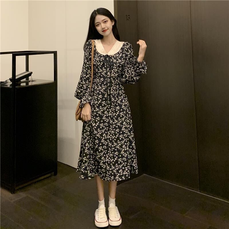 Đầm Dài Ôm Eo Tay Dài Phong Cách Pháp Thời Trang Mùa Xuân Mới 200 pounds mm Mũm Mĩm + Vòng Eo + Đầm Dài In Hoa Cho Nữ