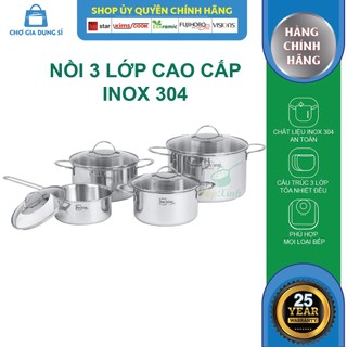Bộ nồi 3 lớp đáy liền inox 304 Fivestar Plus quai oval nắp kính