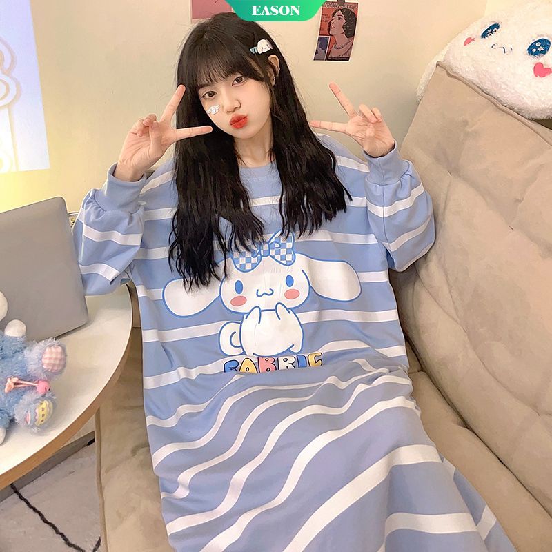 Đầm Ngủ Tay Dài Dáng Rộng In Họa Tiết Hoạt Hình Sọc Sanrio Thời Trang Xuân Thu Xinh Xắn Cho Nữ