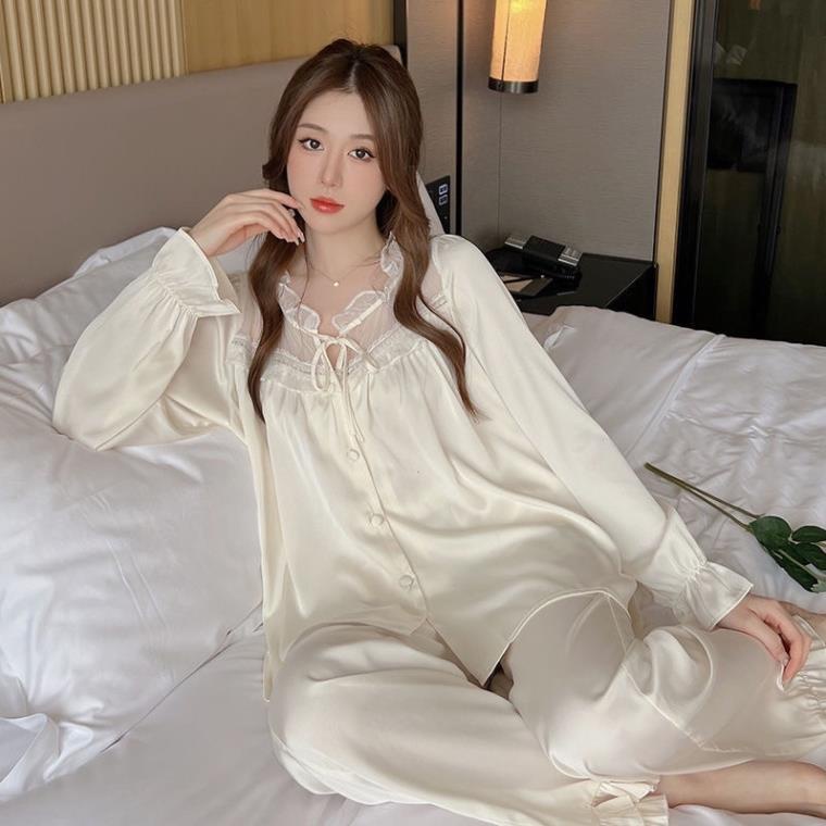 Đồ Ngủ Lụa Quảng Châu Phối Nơ Ren Sang Chảnh