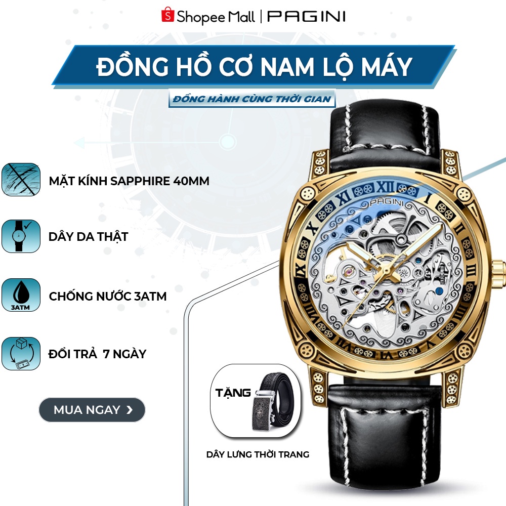 Đồng hồ cơ nam Pagini PA1850 lộ máy, dây da cao cấp mặt kính chống nước chống xước Full Box