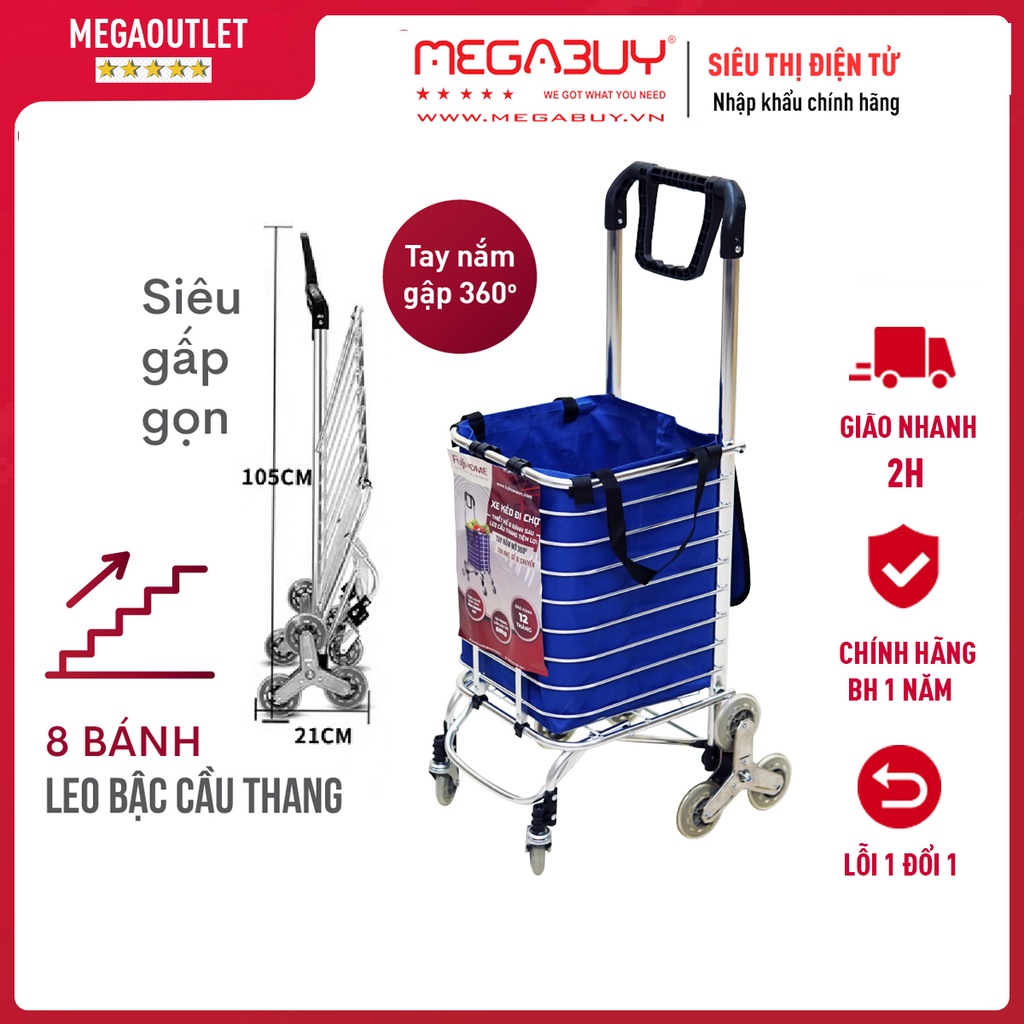 Xe kéo hàng đi chợ 8 bánh leo cầu thang nhập khẩu FUJIHOME, xe đẩy 2 bánh siêu thị đi chợ xếp gọn chính hãng