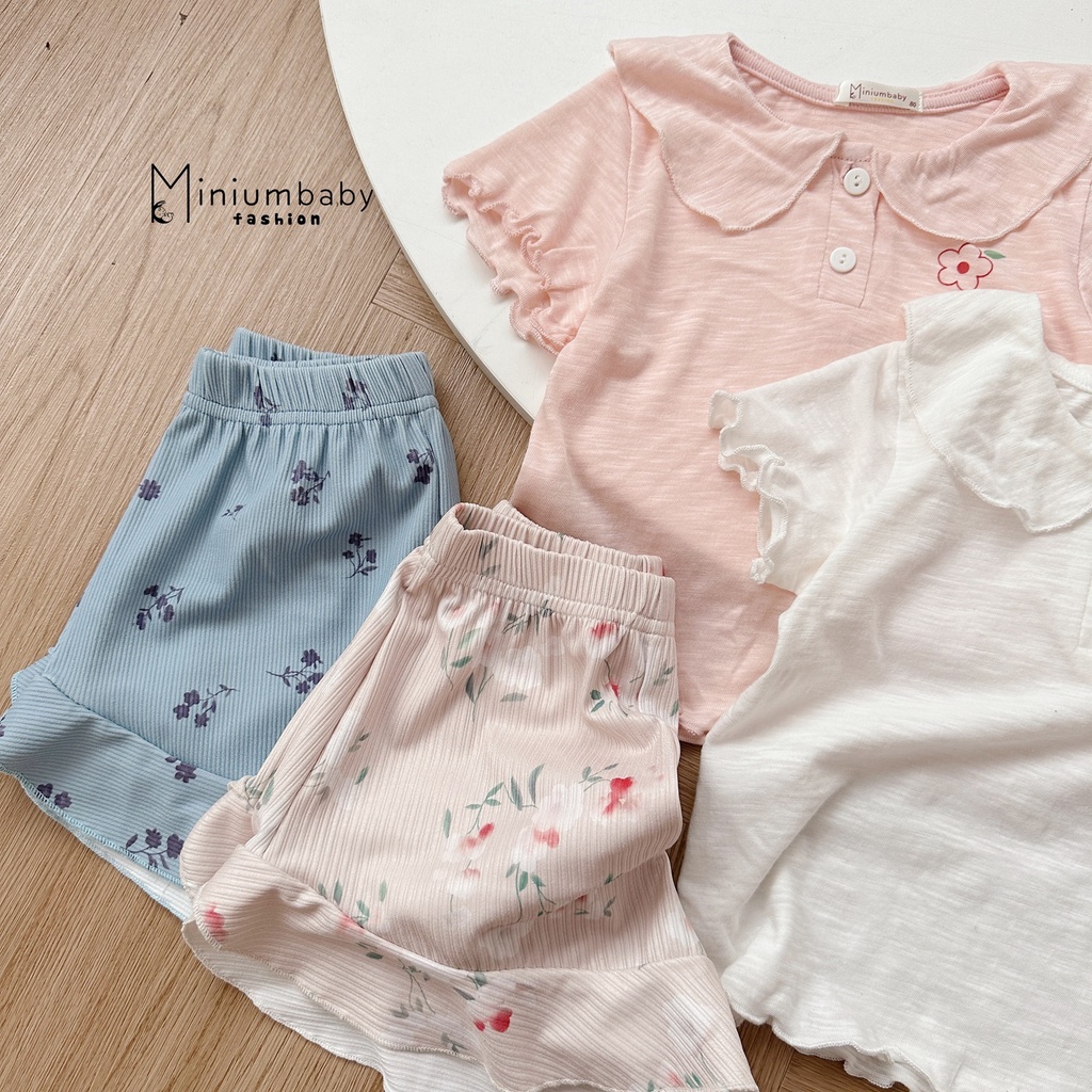 Đồ bộ bé gái Miniumbaby chất cotton mát mẻ, bộ cộc tay cho bé mặc nhà cổ bèo phối tay điệu và quần giả váy-SB1453