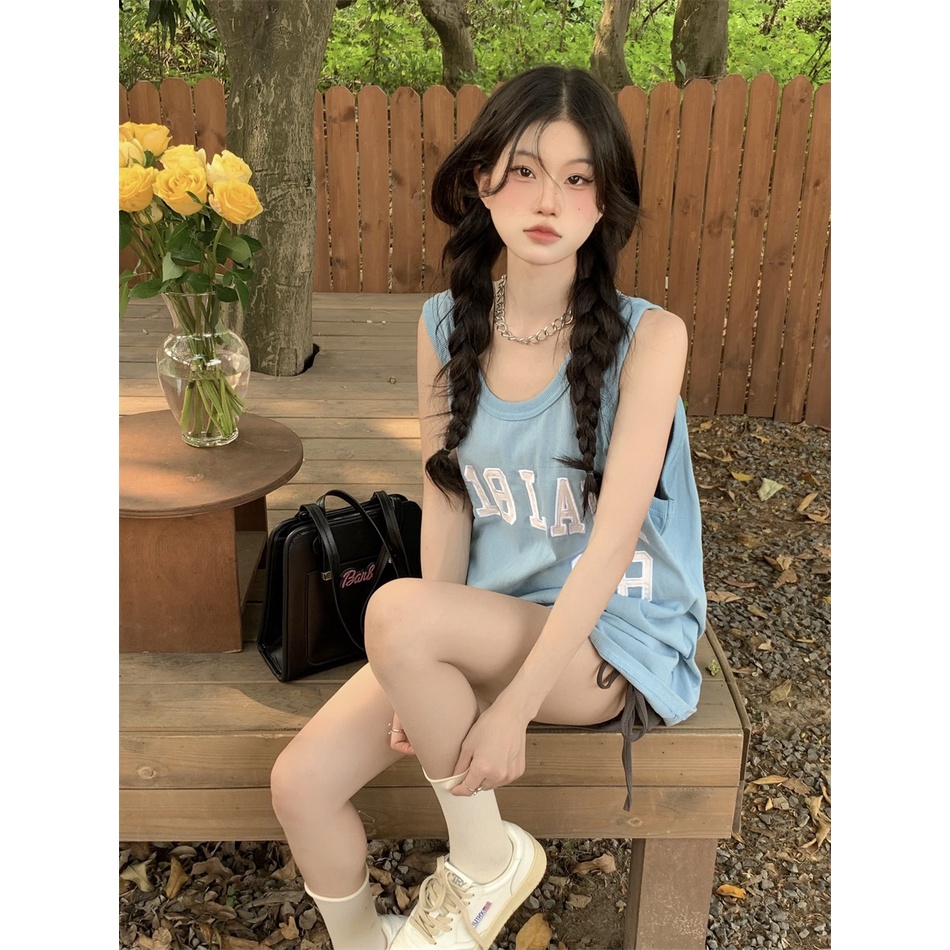 Áo Thể Thao Không Tay Dáng Rộng Thêu Họa Tiết Đơn Giản Theo Phong Cách Mùa Hè Hàn Quốc