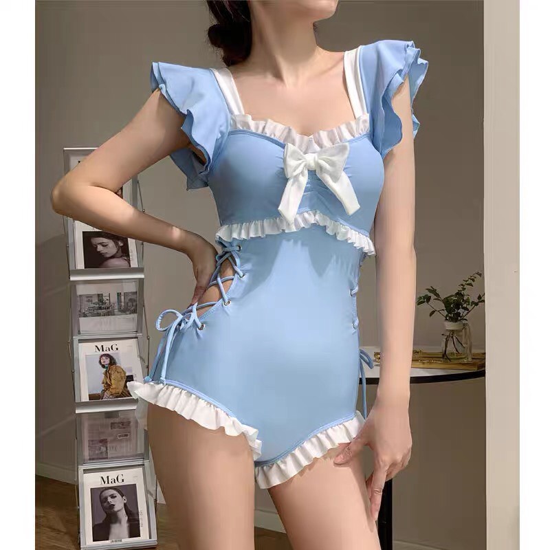 Bikini 1 mảnh liền thân hai màu xanh hồng phong cách tiểu thư nơ xinh xắn bigsize LUHAZO Quảng Châu chất đẹp 99156 B-4.4