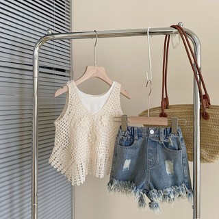 Set áo sát nách + quần short denim năng động thời trang hè cho bé gái từ 3-11 tuổi