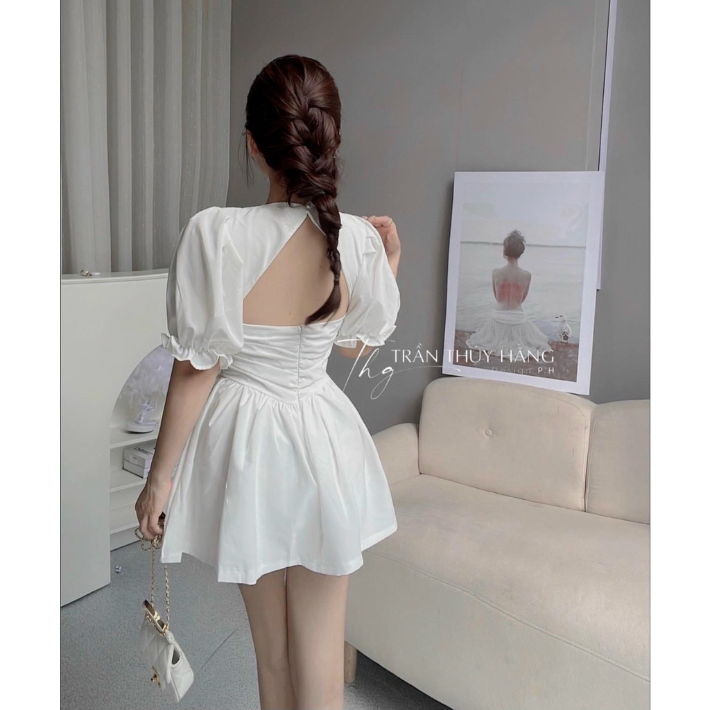 Đầm kate tay bồng có bo phối ren dáng ngắn mini xòe 2 màu đen trắng hở lưng giá rẻ