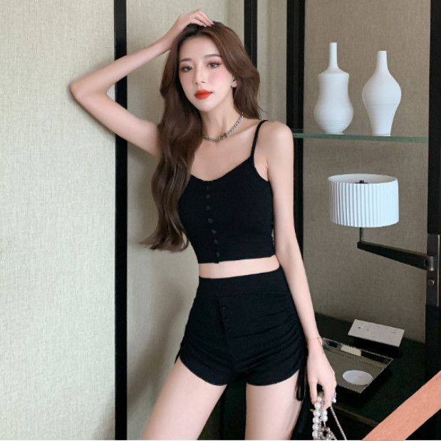 Set Áo Hai Dây Phối Quần Short Rút Dây Thời Trang Hồng Kông Cá Tính Cho Nữ