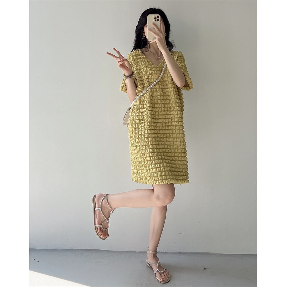 Đầm Tay Ngắn Phồng Cổ Chữ V Ôm Dáng Size Lớn Thời Trang Châu Âu Cho Nữ