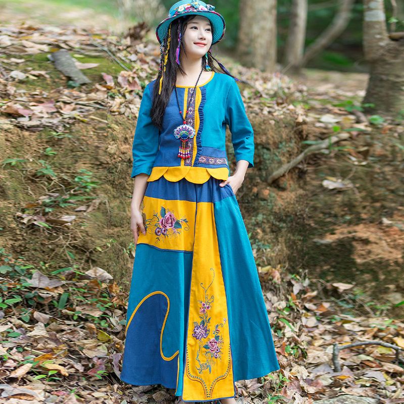 Đầm Dài Dáng Chữ a Tay Lửng Cổ Tròn Thêu Họa Tiết Lượn Sóng Phong Cách Truyền Thống Mùa Xuân Hè Mới