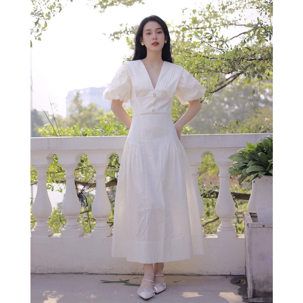 Váy Cổ V Dáng Dài Tay Bồng Thanh Lịch, Đầm Công Sở, Váy Thiết Kế Theo Số Đo - Sena Dress