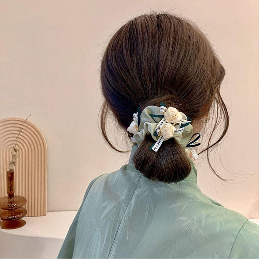Dây Cột Tóc Cao Su Satin In Họa Tiết Hoa Hồng Phong Cách Hàn Quốc Thời Trang Cho Nữ