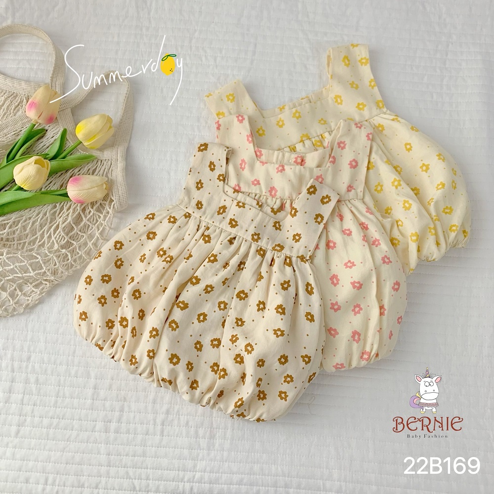 Set bộ đi chơi bé gái BERNIE hoa nhí áo phồng màu vàng hồng be đỏ bé đi chơi đi biển bé 9 đến 24kg