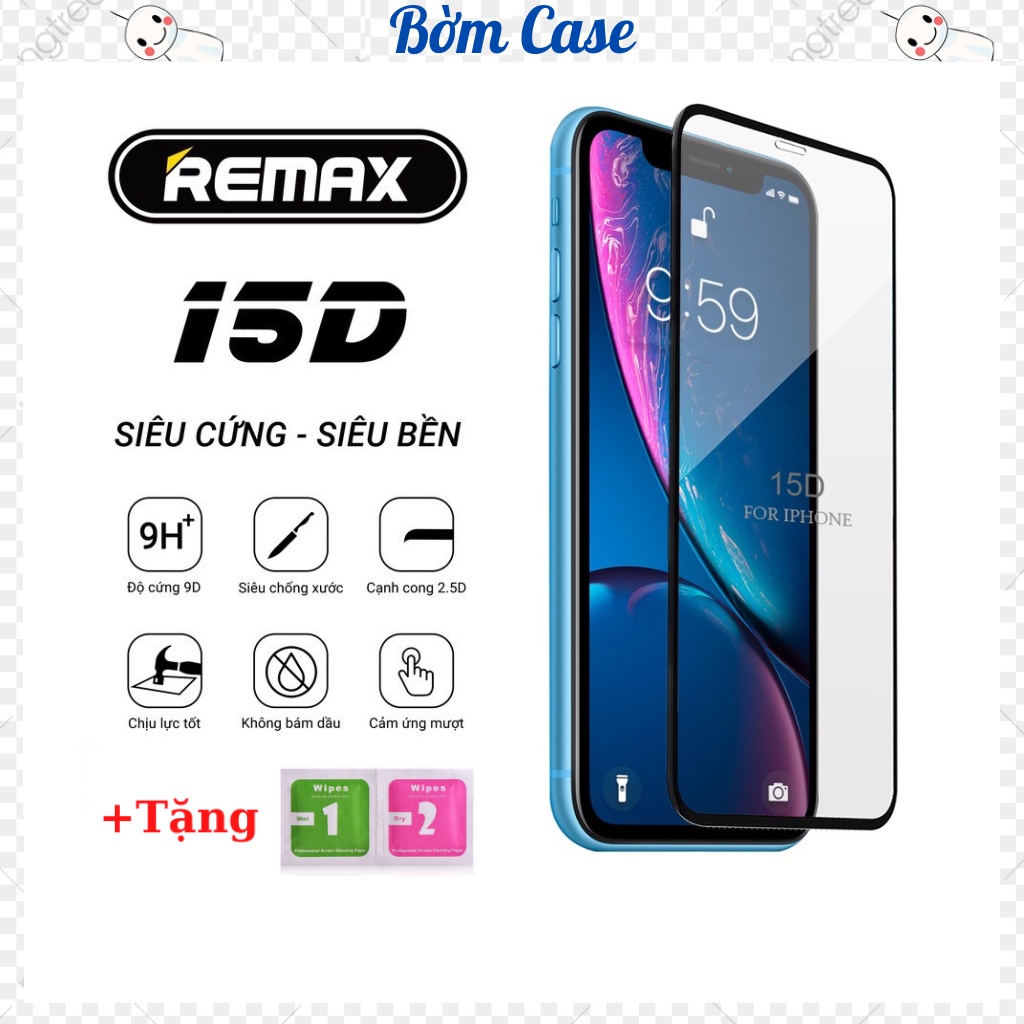 Kính cường lực iphone 15D REMAX full màn 6/6plus/6s/6splus/7/7plus/8 plus/x/xs/11/12/13/14/pro/max/BOM CASE